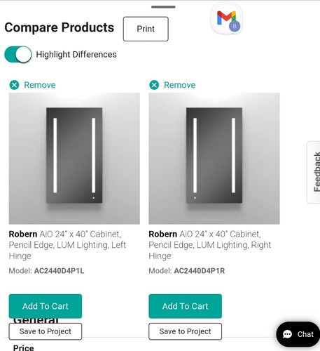 Robern AC2430D4P1 1 Door Medicine Cabinet Right & Left Hinge (2 UNITS)