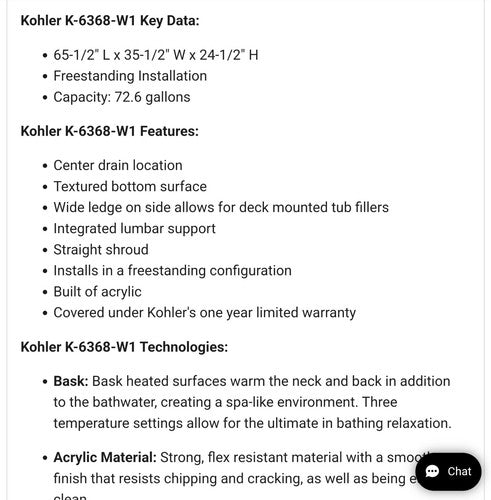 Kohler Sunstruck 65-1/2" Free Standing Soaking Bathtub with Center Bask Heating
