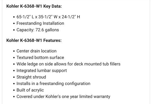 Kohler Sunstruck 65-1/2" Free Standing Soaking Bathtub with Center Bask Heating