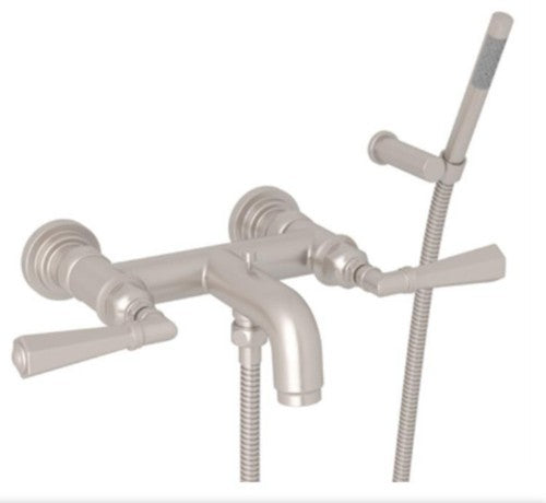 Rohl San Giovanni Four Hole Floor Mount Tub Filler with Hand Shower and Metal Le