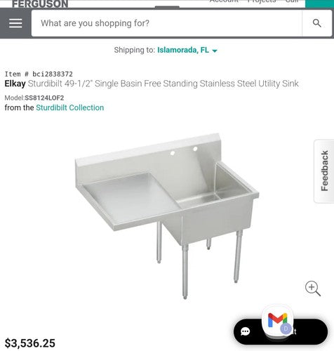 Elkay SS8124LOF2 Sturdibilt 49-1/2" Single Basin Free Standing Stainless Steel U