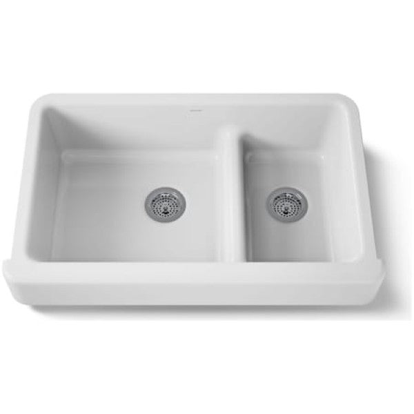 Kohler K-6426-0 Whitehaven 35-1-2" Self-Trimming Farmhouse Double Basin Enameled Cast Iron Kitchen Sink with Smart Divide Basin