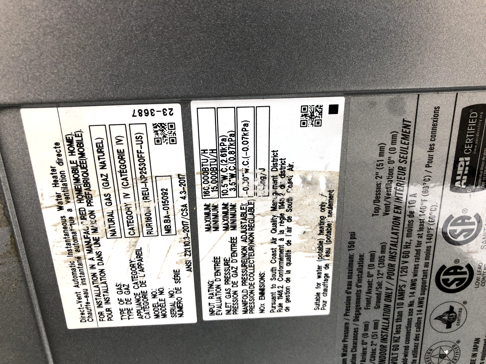 Rinnai RUR160iN Water Heater WITH Dings, Power Tested, See Pictures