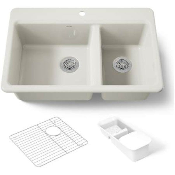 Kohler K-8669-1A2-96 Riverby 33" x 22" Double Basin Cast Iron Sink with Colander and Basin Rack