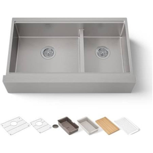 Kohler K-33658-PC-NA Strive 35-1-2" Farmhouse Smart Divide Double Basin Stainless Steel Kitchen Sink with Colander, Cutting Board, Drain Board, and Basin Rack