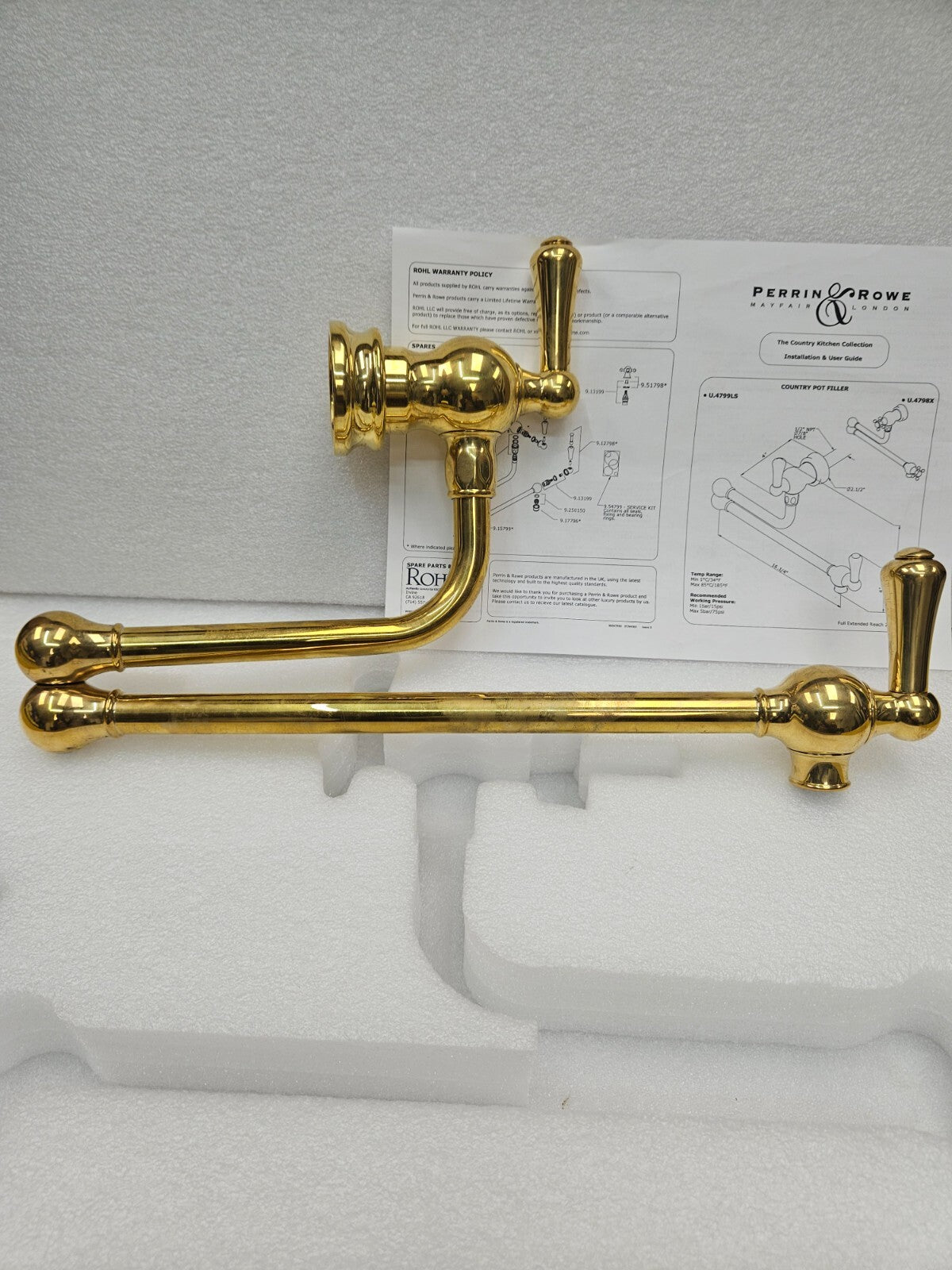 Perrin and Rowe U.4799LS-ULB-2 Wall Mount SwingArm Pot Filler UNLACQUERED BRASS