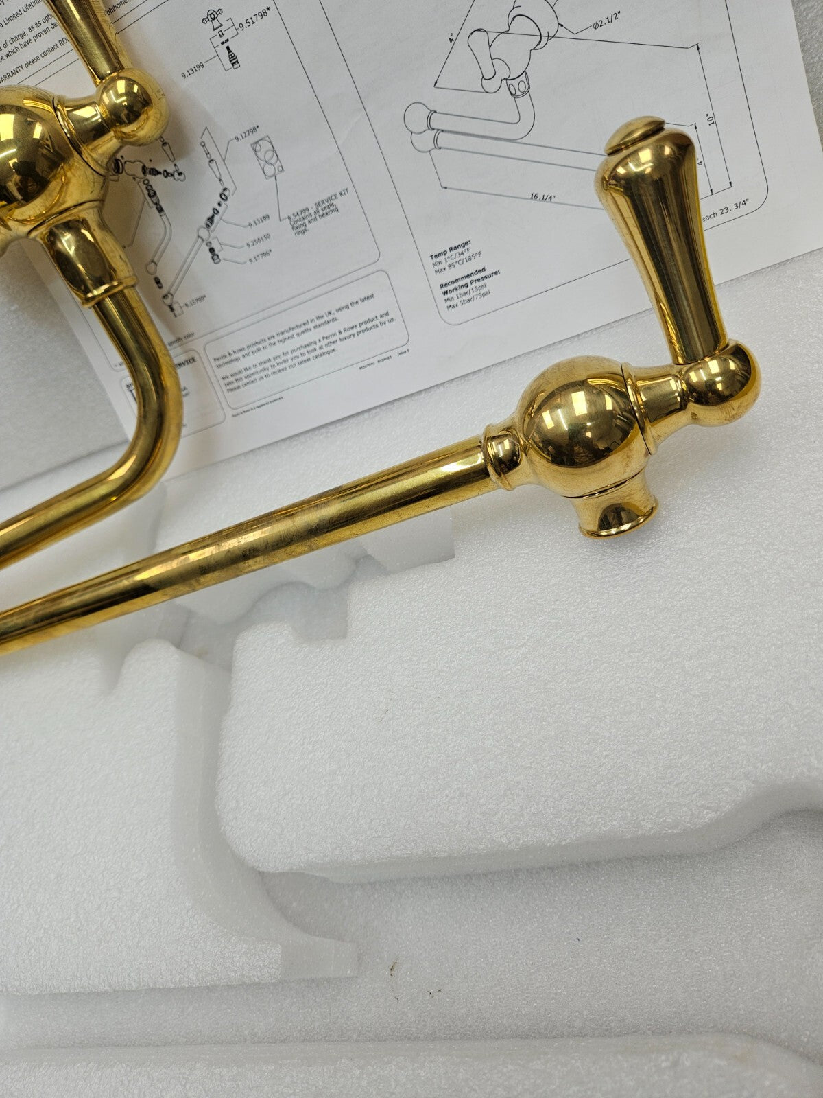 Perrin and Rowe U.4799LS-ULB-2 Wall Mount SwingArm Pot Filler UNLACQUERED BRASS