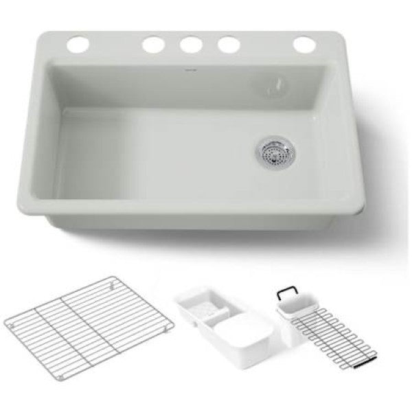 Kohler K-5871-5UA3-FF Riverby 33" Undermount Single Basin Enameled Cast Iron Workstation Kitchen Sink with Utility Rack, Sink Rack and Colander, and Intregral Cutting Board
