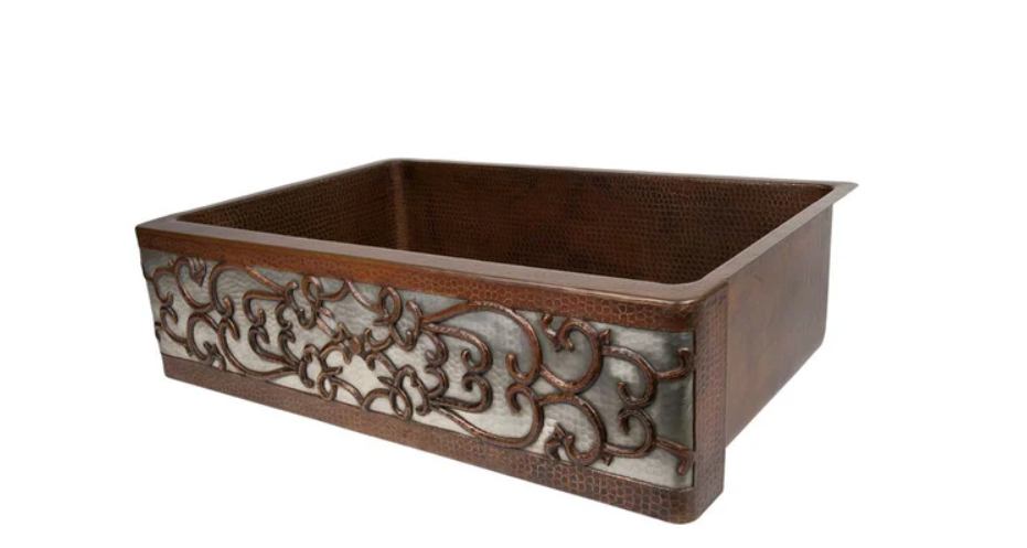 33" Handcrafted Copper Kitchen Apron Double Basin w/ Scroll Design & Nickel Back