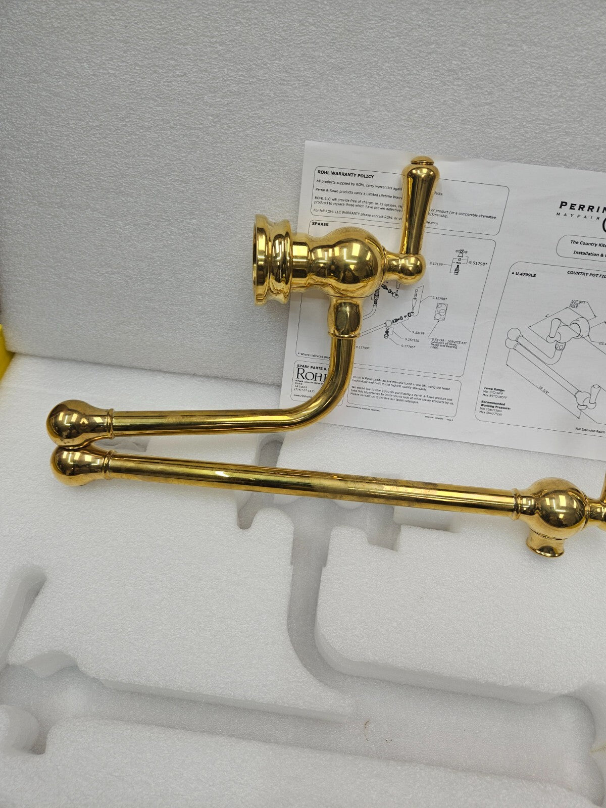 Perrin and Rowe U.4799LS-ULB-2 Wall Mount SwingArm Pot Filler UNLACQUERED BRASS