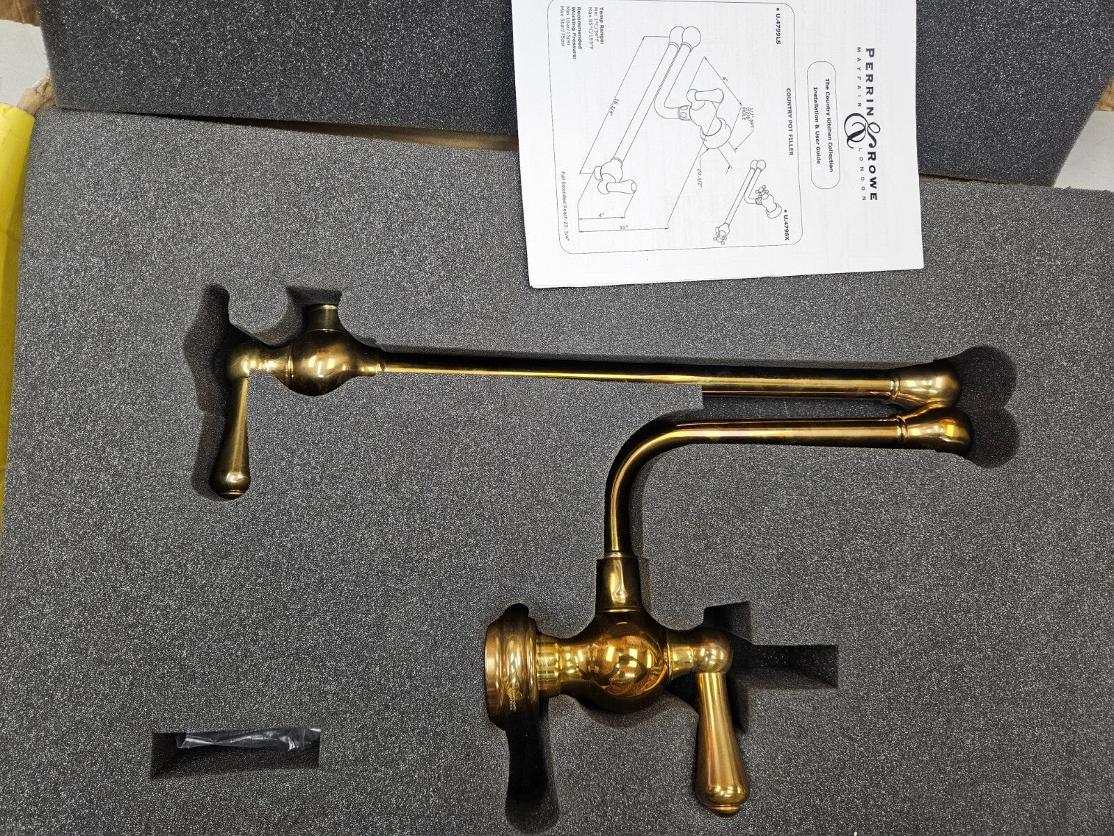 Perrin and Rowe U.4799LS-ULB-2 Wall Mount Swing Arm Pot Filler UNLACQUERED BRASS
