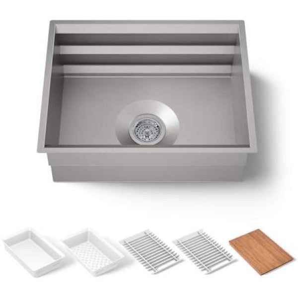 Kohler K-23650-NA Prolific 23" Undermount Single Basin Stainless Steel Kitchen Sink with Basin Rack, Colander, and Cutting Board