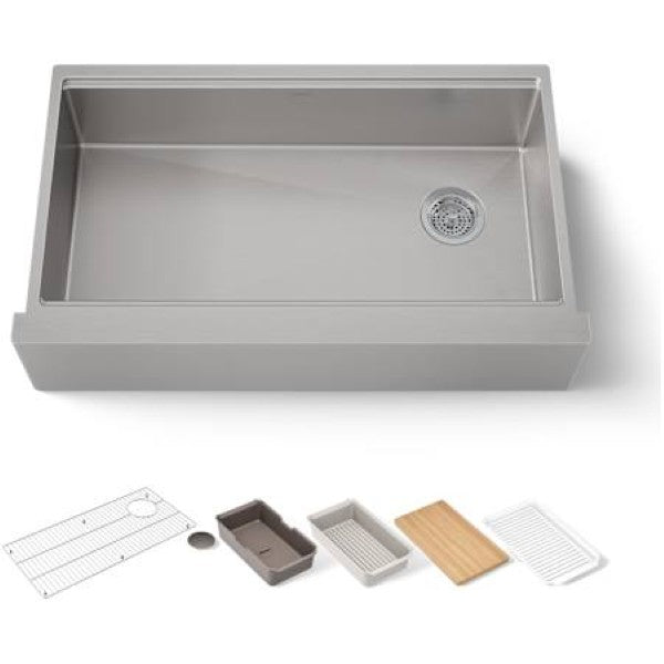 Kohler K-33657-PC-NA Strive 35-1-2" Farmhouse Single Basin Stainless Steel Kitchen Sink with Colander, Cutting Board, Basin Rack and Drain Board