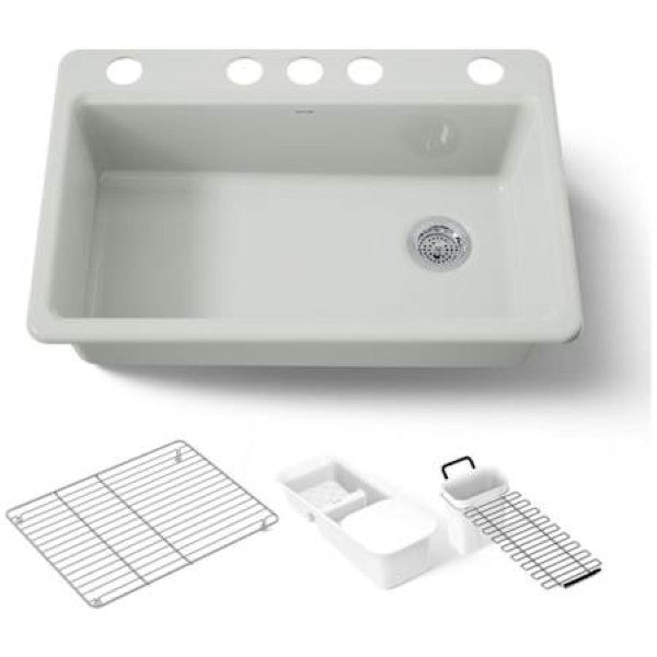 Kohler K-5871-5UA3-FF Riverby 33" Undermount Single Basin Enameled Cast Iron Workstation Kitchen Sink with Utility Rack, Sink Rack and Colander, and Intregral Cutting Board