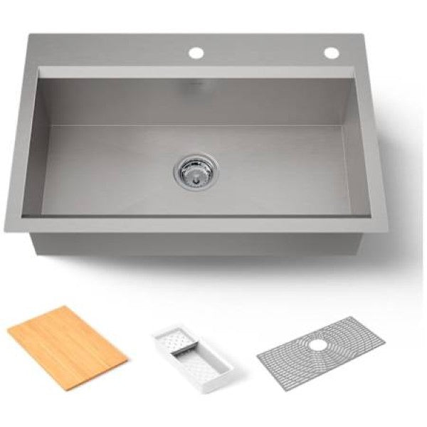 Kohler K-80084-2PC-NA Task 33" Undermount Single Basin Stainless Steel Kitchen Sink with Basket Strainer, Colander, and Cutting Board