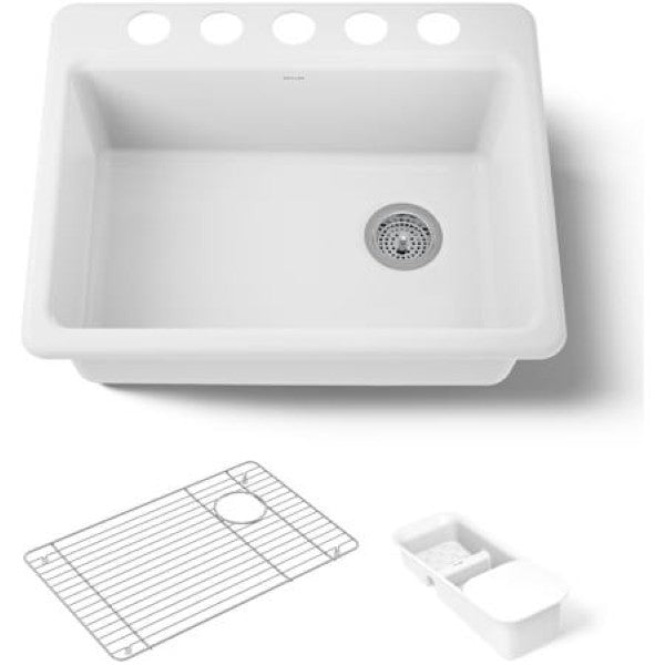 Kohler K-8668-5UA2-0 Riverby 27" Undermount Single Basin Enameled Cast Iron Workstation Kitchen Sink with Basin Rack, Colander, and Cutting Board