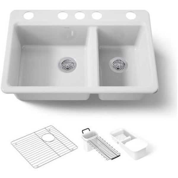 Kohler K-8669-5UA3-0 Riverby 33 Undermount 60-40 Double Basin Enameled Cas