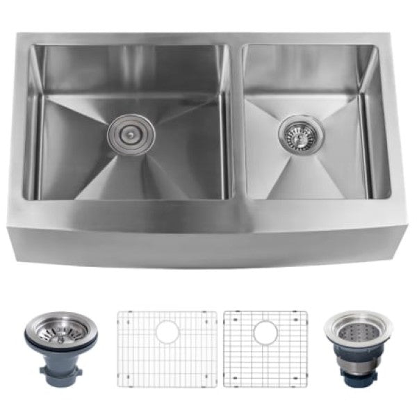 Miseno MNO163620F6040 Farmhouse 36" Double Basin Stainless Steel Kitchen Sink with Apron Front with 60-40 Split - Drain Assemblies and Fitted Basin Racks Included Free