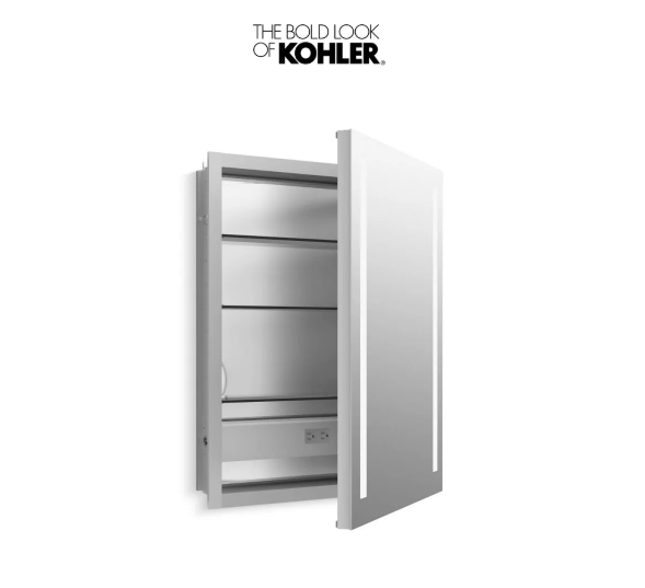 Kohler K-99007-TLC-NA Verdera 24" x 30" Lighted Single Door Medicine Cabinet with Three Shelves, Built-in Outlets and Flip Out Magnifying Mirror - CA Title 24 Compliant