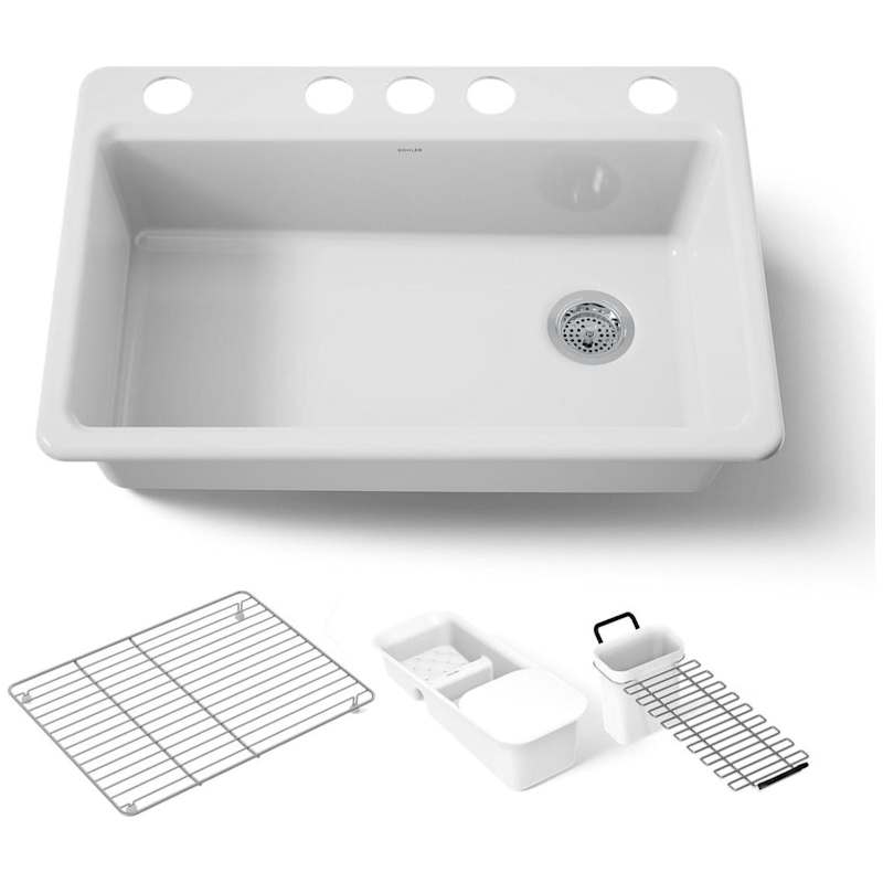 Kohler K-5871-5UA3-0 Riverby 33" Undermount Single Basin Enameled Cast Iron Workstation Kitchen Sink with Utility Rack, Sink Rack and Colander, and Intregral Cutting Board