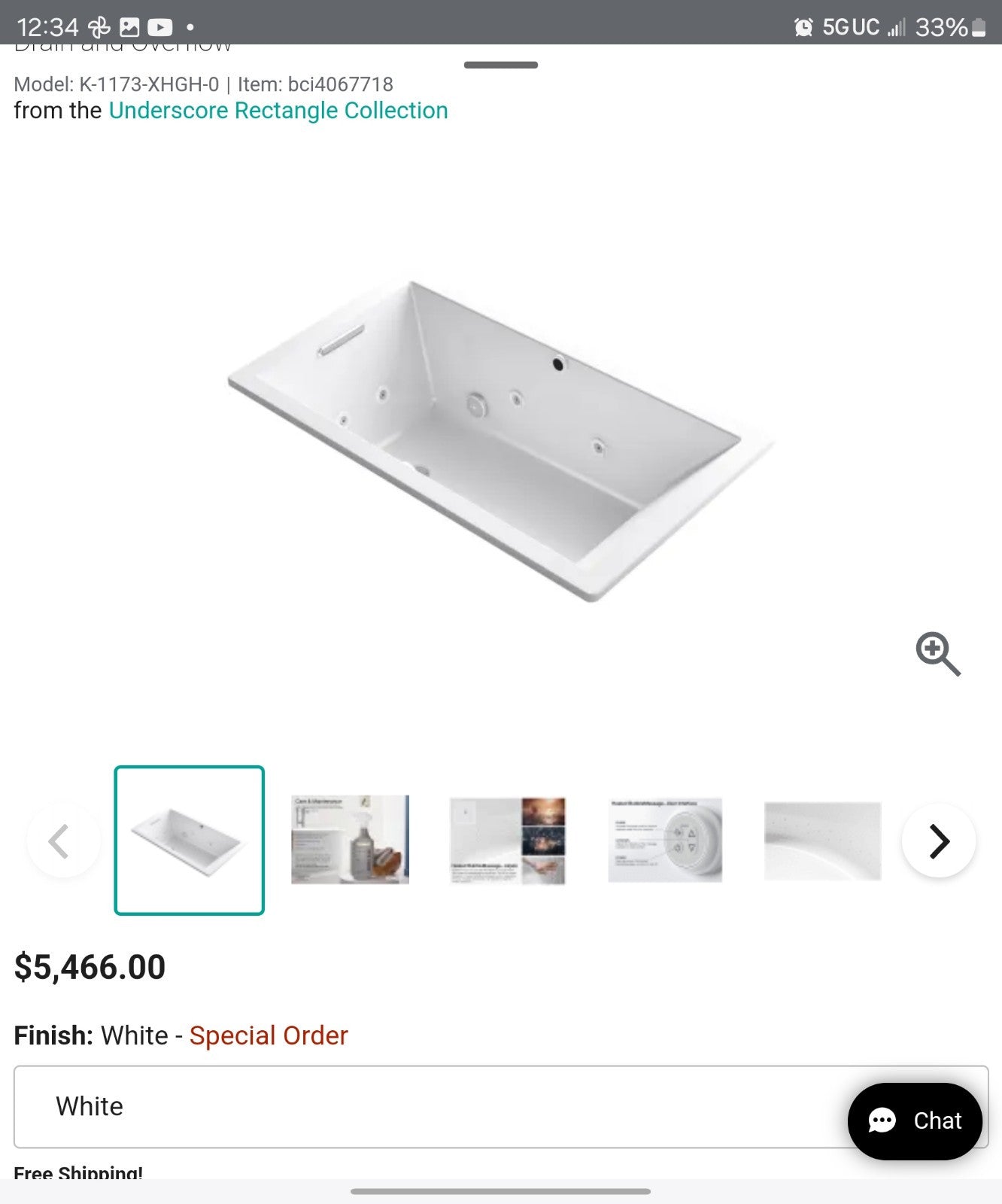 Kohler K-1173-XHGH-0 Underscore Rectangle 66" Drop In Acrylic Air / Whirlpool Tu