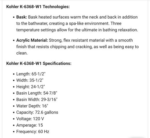Kohler Sunstruck 65-1/2" Free Standing Soaking Bathtub with Center Bask Heating