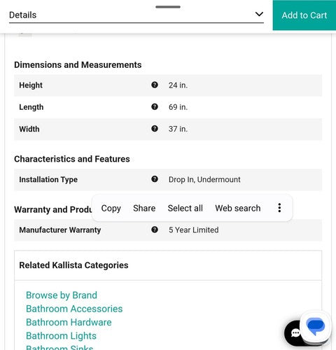 Kallista Perfect 69" Acrylic Soaking Bathtub Drop In or Undermount Installation