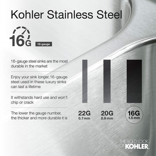 KOHLER 3671-NA 18" Single Basin 16 Gauge Stainless Steel Bar Sink