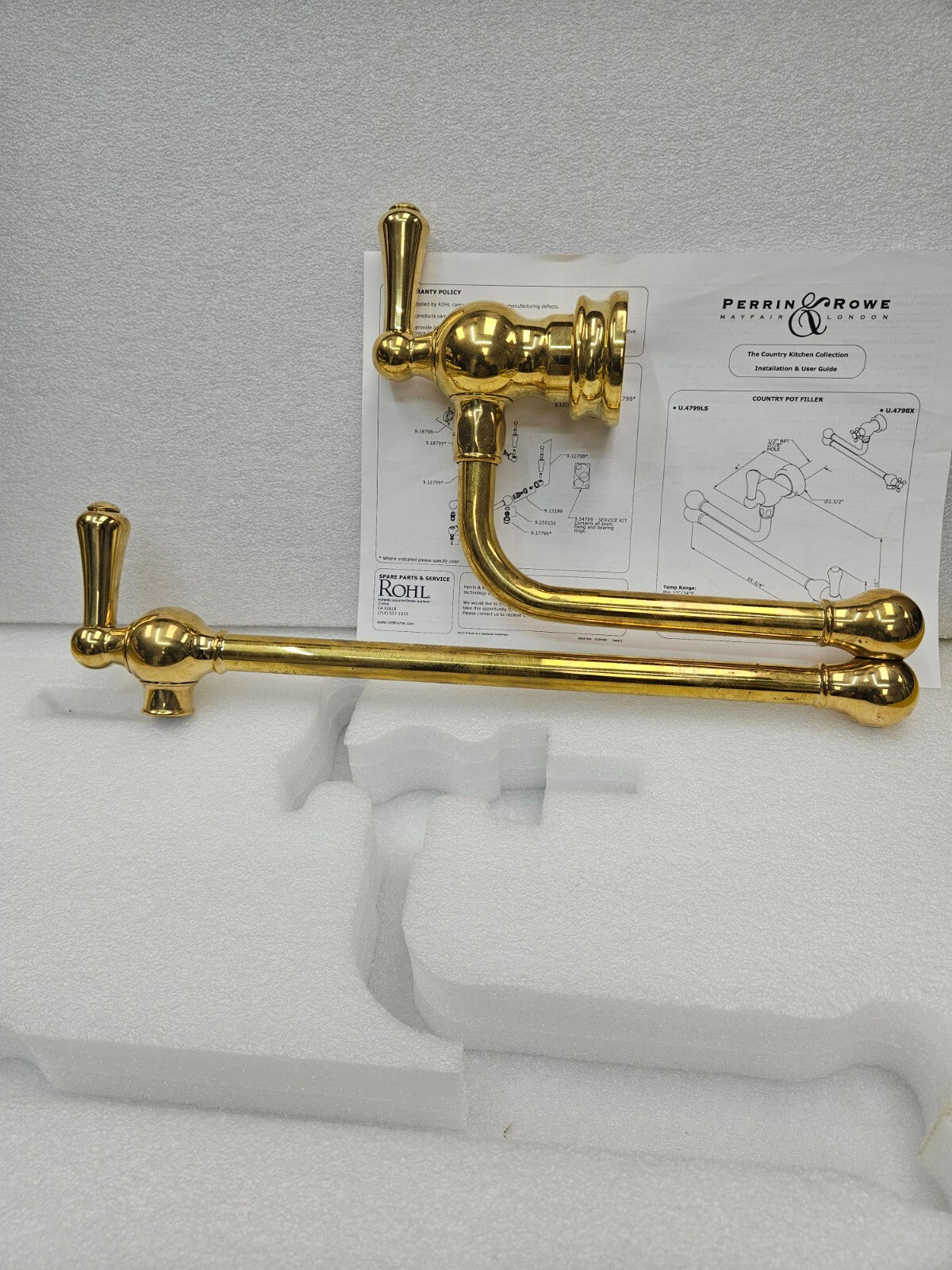 Perrin and Rowe U.4799LS-ULB-2 Wall Mount SwingArm Pot Filler UNLACQUERED BRASS