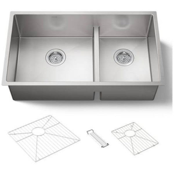 New Kohler K-5284-NA Strive 32" Smart Divide® Under-Mount Large-Medium Double-Bowl Kitchen Sink With Basin Rack