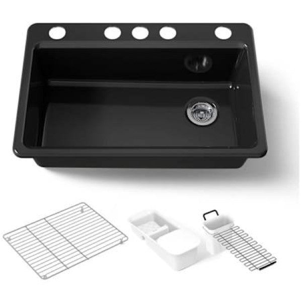 Kohler K-5871-5UA3-7 Riverby 33" Undermount Single Basin Enameled Cast Iron Workstation Kitchen Sink with Utility Rack, Sink Rack and Colander, and Intregral Cutting Board