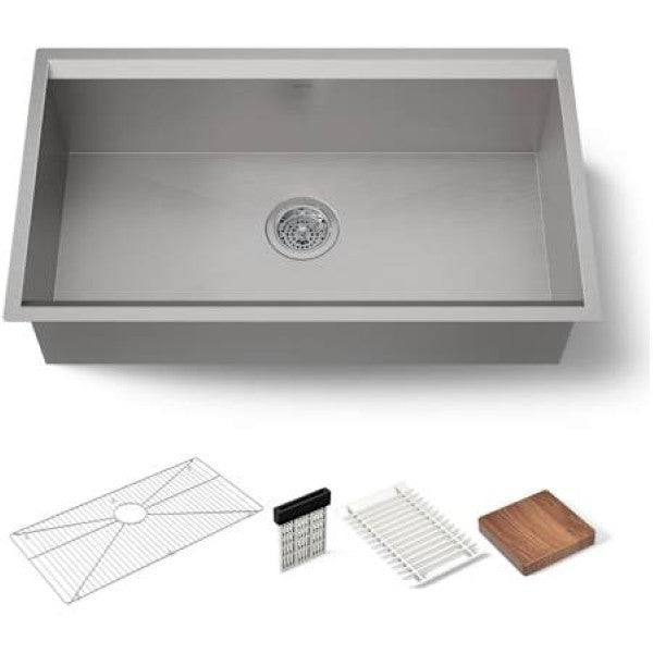 Kohler K-28876-NA Tempered 32-1-4" Undermount Single Basin Stainless Steel Workstation Kitchen Sink with Walnut Cutting Board, Knife Holder, Drying Rack, and Bottom Sink Rack