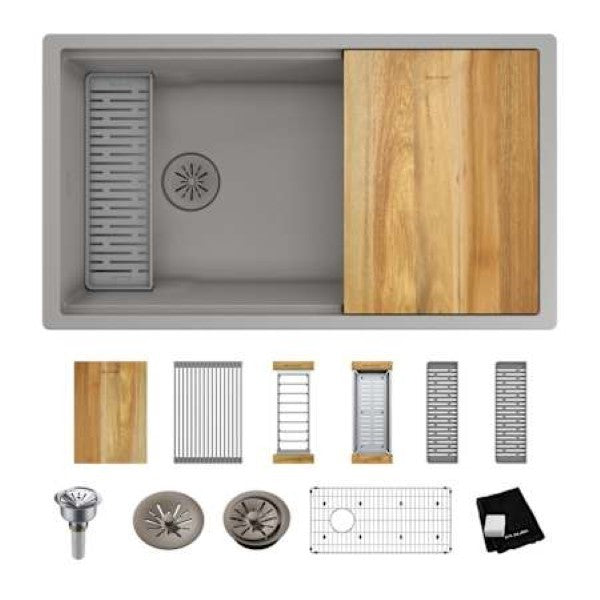 Elkay ELXRU13322WSM0 Quartz Luxe 33" Undermount Single Basin Quartz Composite Workstation Kitchen Sink with Basin Rack, Colander and Cutting Board