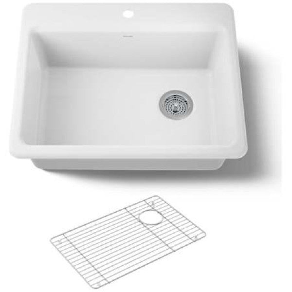 Kohler K-8668-1A1-0 Riverby 27" Single Basin Cast Iron Kitchen Sink for Drop In Installations - Basin Rack Included