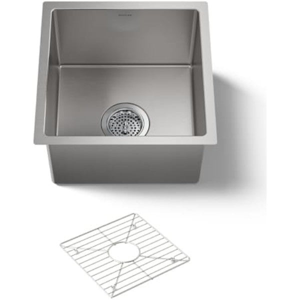 Kohler K-5287-NA Strive 15" Single Basin Undermount 16-Gauge Stainless Steel Kitchen Sink with SilentShield with Basin Rack