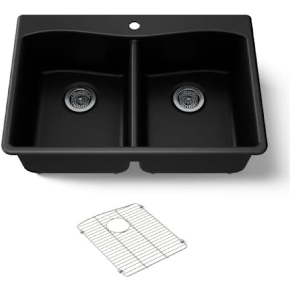 Kohler K-8185-1-CM1 Kennon 33" Top or Undermount Double Bowl Neoroc Composite Kitchen Sink with Left-Bowl Sink Rack