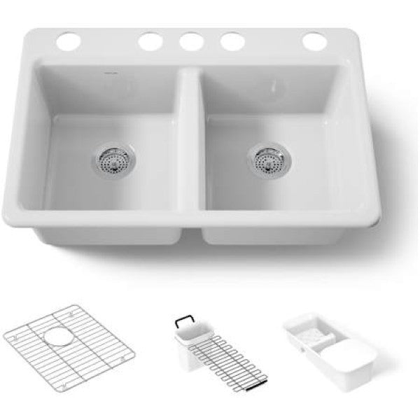 Kohler K-8679-5UA3-0 Riverby 33" Undermount 50-50 Double Basin Enameled Cast Iron Workstation Kitchen Sink with Basin Rack, Colander, Cutting Board, and Utility Rack