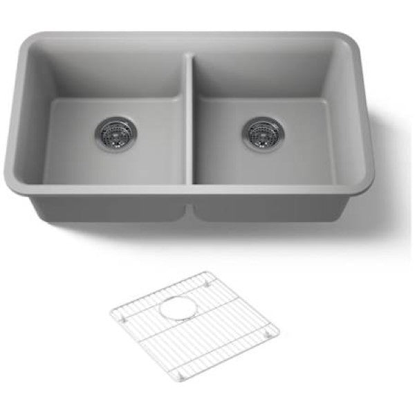Kohler K-8199-CM4 Cairn 33-1-2" Undermount Double Equal Bowl Neoroc Composite Kitchen Sink with Right Sink Rack Included