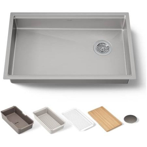 Kohler K-33661-PC-NA Strive 29" Undermount Single Basin Stainless Steel Kitchen Sink with Basket Strainer, Colander, Cutting Board and Drain Board