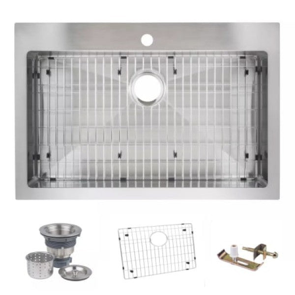 Miseno MNO3322SRTM 33" Top-Mount-Undermount Single Basin Stainless Steel Kitchen Sink - Drain Assembly and Fitted Basin Rack Included Free