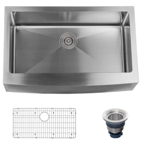 Miseno MNO163320F Farmhouse 33" Single Basin Stainless Steel Kitchen Sink with Apron Front - Drain Assembly and Basin Rack Included Free