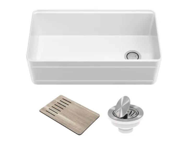 Kraus KFR4-33GWH Turino 33" Farmhouse Single Basin Fireclay Kitchen Sink with Basket Strainer, and Cutting Board