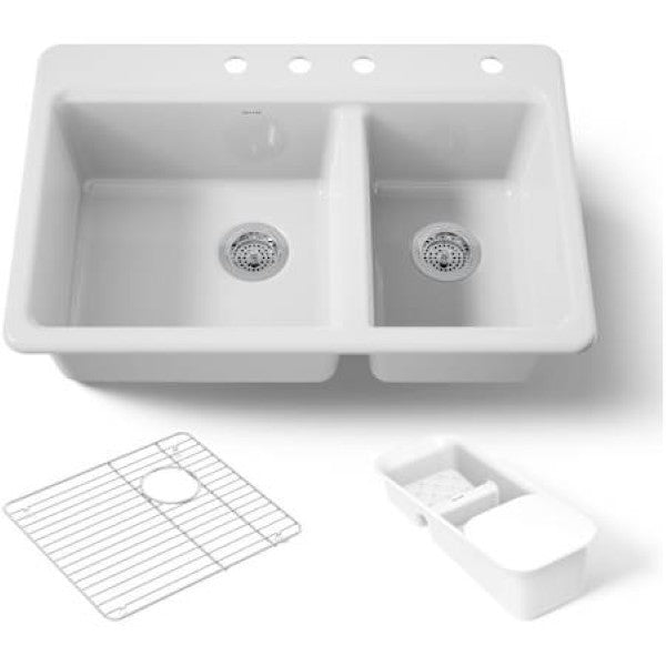 Kohler K-8669-4A2-0 Riverby 33" Drop In Double Basin Cast Iron Kitchen Sink