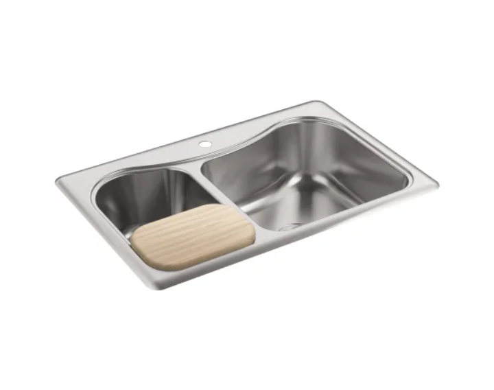 Kohler K-3361-1-NA Staccato 33" Double Basin Drop In 18-Gauge Stainless Steel Kitchen Sink with SilentShield, Cutting Board, and Single Faucet Hole