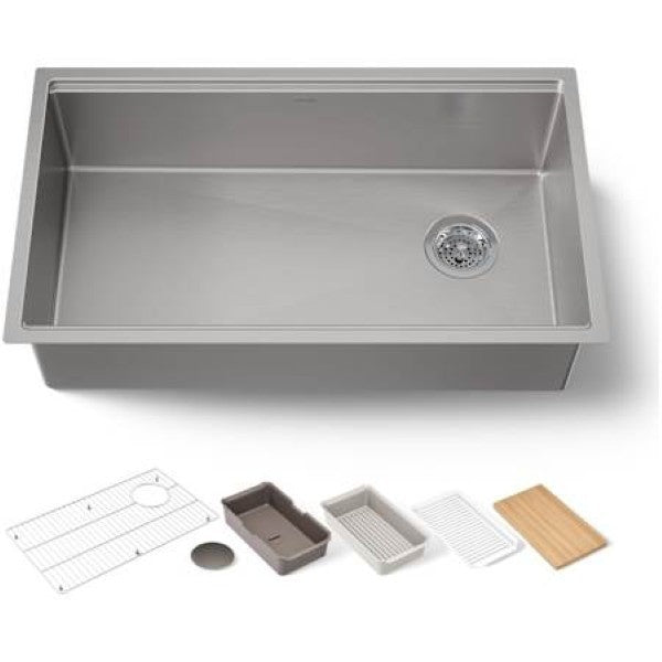 Kohler K-33662-PC-NA Strive 32" Undermount Single Basin Stainless Steel Workstation Kitchen Sink with Basin Rack, Colander - Drying Rack, Cutting Board, and Soaking Bin
