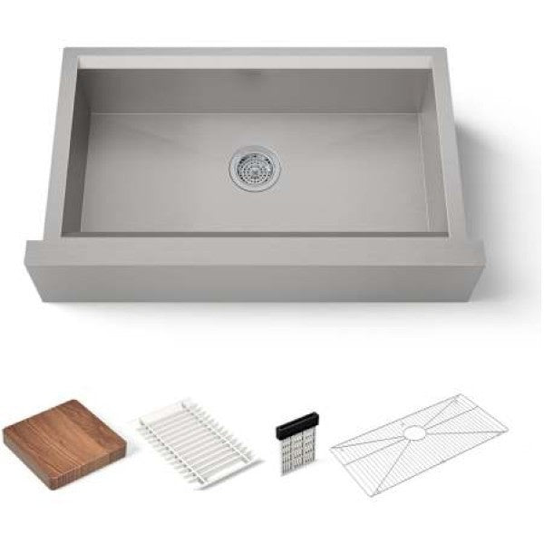 Kohler K-28877-NA Tempered 35-7-16" Undermount Single Bowl Farmhouse Stainless Steel Workstation Kitchen Sink with Accessories Included