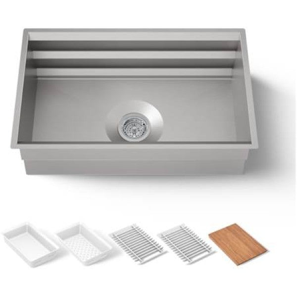 Kohler K-23651-NA Prolific 29" Undermount Stainless Steel Single Basin Kitchen Sink with SilentShield Technology, Bamboo Cutting Board, 2 Multipurpose Racks, Colander, and Washbin