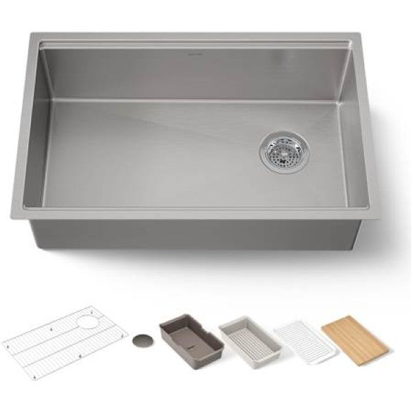 Kohler K-33660-PC-NA Strive 29" Undermount Single Basin Stainless Steel Kitchen Sink with Basket Strainer, Colander, Cutting Board and Drain Board