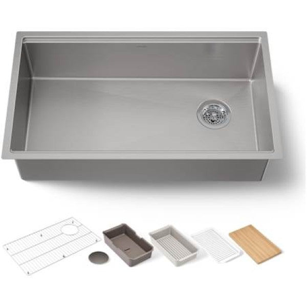 Kohler K-33662-PC-NA Strive 32" Undermount Single Basin Stainless Steel Workstation Kitchen Sink with Basin Rack, Colander - Drying Rack, Cutting Board, and Soaking Bin