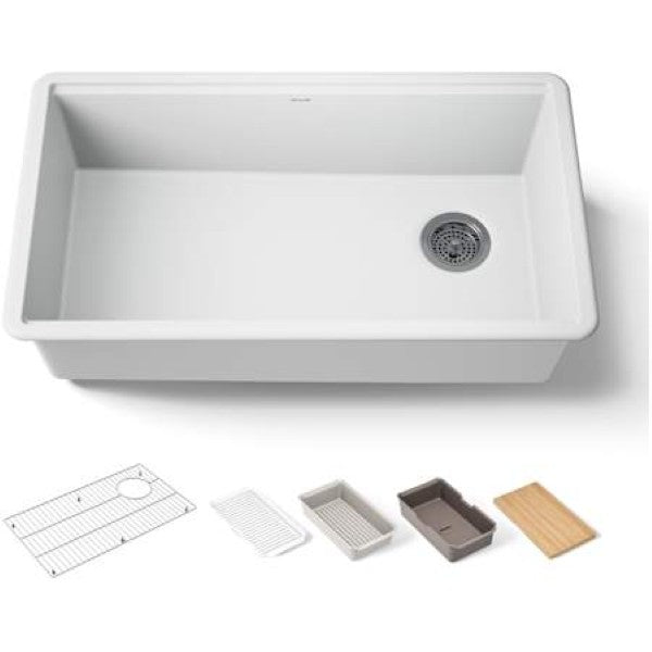 Kohler K-33710-PC-CM6 Billings 32-1-2" Undermount Single Basin Neoroc Composite Workstation Kitchen Sink with Basin Rack, Colander, Cutting Board, and Soaking Bin